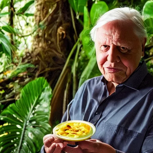 Prompt: David Attenborough looking at an omelette in a jungle while narrating, still, photograph