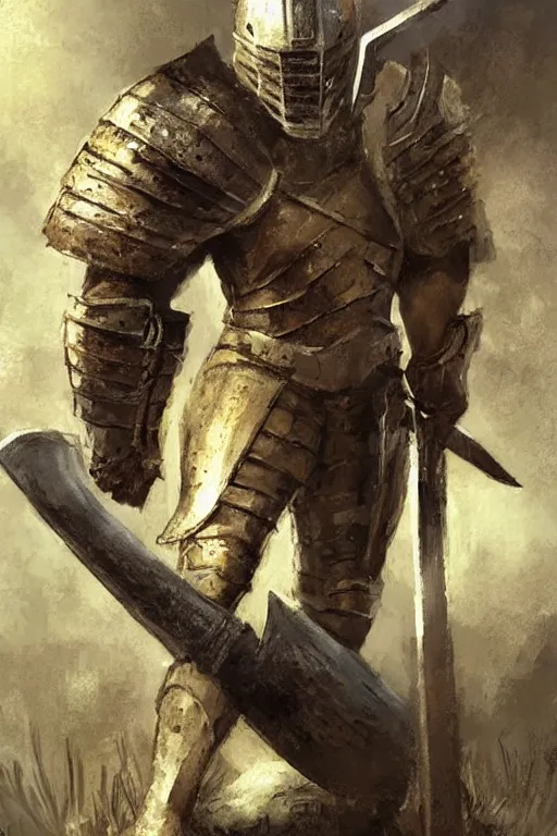 Image similar to a knight in hide armor holding an axe, leaning against an axe, axe!!! concept art in style of Greg Rutkowski, painted by Frank Frazetta, John Singer Sargant