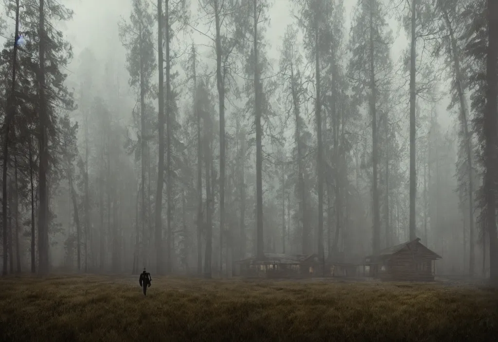 Image similar to a man in trench coat standing in front of a large forest wooden cabin that is on fire, night, foggy, gloomy, mysterious, artstation, jakub rozalski, high detail