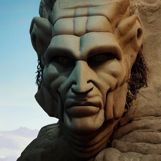 Image similar to highly detailed professional landscape painting of ancient monumental alien bust carved into the mountains trending on artstation, ultra detail, atmospheric lighting, sci - fi, futuristic, cyberpunk