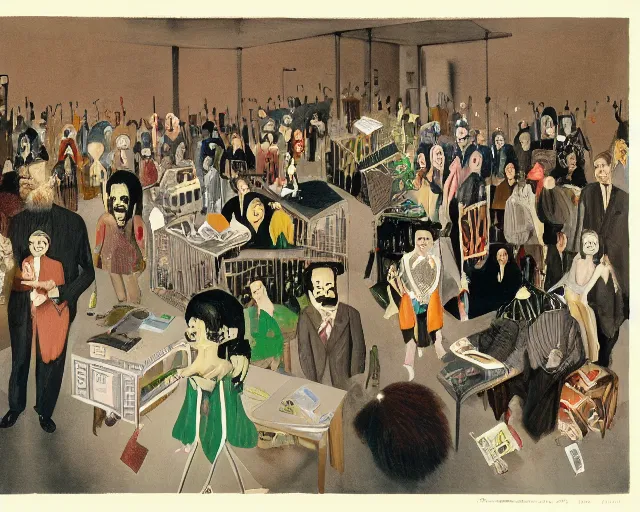 Image similar to the horror of beaurocracy, papers, horror, desks, office, waiting, stress, frustration, anger, crowded, harsh cinematic lighting, high qulity, 4 k, by charles addams and hilma af klint and affandi