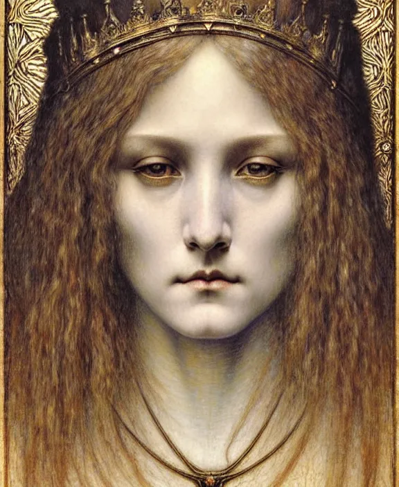 Image similar to detailed realistic beautiful young medieval queen face portrait by jean delville, gustave dore and marco mazzoni, art nouveau, symbolist, visionary, gothic, pre - raphaelite. horizontal symmetry