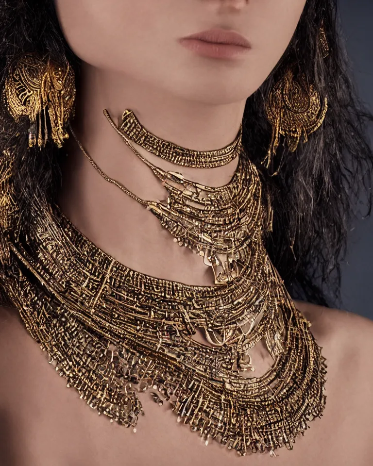 Prompt: super realistic portrait, skin detailed, of a beautiful model with a big tribal real necklace in the majestic neck, detail photo, minimal design, made of gold, canon, film camera, photography, digital art, balenciaga