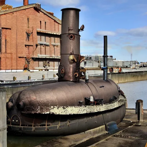 Image similar to Colour photo of steampunk submarine at dry dock