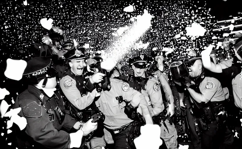 Prompt: photography of police in the night, shooting into the air with uzi guns, smiling and celebrating, champagne and confetti, cop party