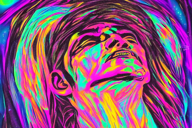 Image similar to digital art of a spiritual native american man looking up at the stars, acrylic art, universe, painting, pastel colors, synthwave, retro, cyberpunk,