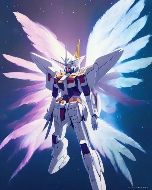 Image similar to highly detailed vfx portrait of an angelic gundam with wings of feathers beam saber fighting in space with a beam gun, unreal engine, greg rutkowski, loish, rhads, beeple, makoto shinkai and lois van baarle, ilya kuvshinov, rossdraws, tom bagshaw, alphonse mucha, global illumination, detailed and intricate environment