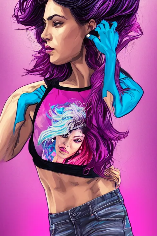 Image similar to a award winning half body porttrait of a beautiful woman in a croptop with ombre purple pink teal hairstyle with head in motion and hair flying by marvel comics and sandra chevrier, outrun, vaporware, illustration, digital art, trending on artstation, highly detailed, fine detail, intricate