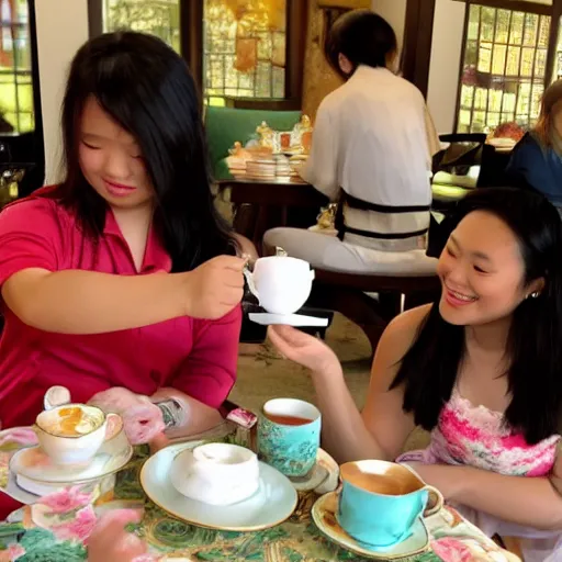 Image similar to Meilin Lee from Turning Red and Mirabel Madrigal from Encanto having a tea party