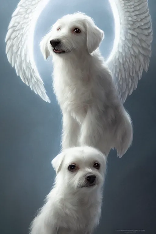 Prompt: a small white dog with angel wings and a halo, highly detailed, d & d, fantasy digital painting, trending on artstation, concept art, sharp focus, illustration, global illumination, ray tracing, realistic shaded, art by artgerm and greg rutkowski and fuji choko and viktoria gavrilenko and hoang lap