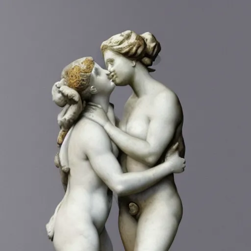 Prompt: sculpture of venus de milo and aphrodite hugging each other, hyperrealistic style in carrara marble