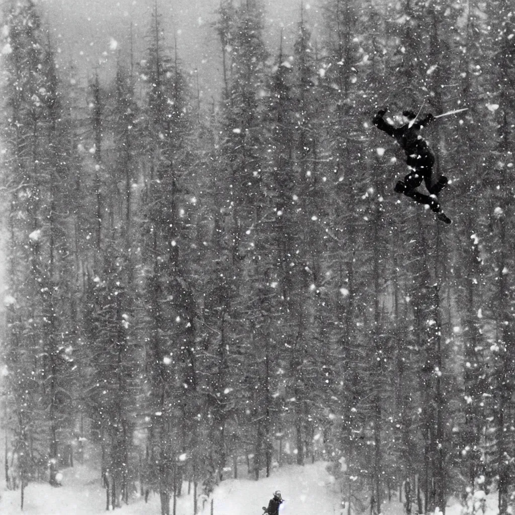 Image similar to world's first photo of ski - jumper flying thru air from a jump, spruce forest surroundings, snowy atmosphere, cold, winter, 1 9 1 3, finland