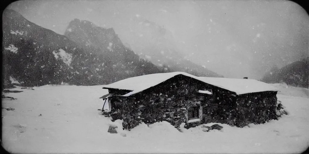 Prompt: 1 9 2 0 s photography of hut in the alps being submerged in snow