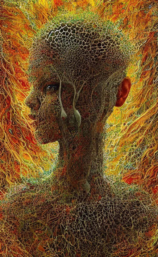 Image similar to beautiful psychedelic shaman covered in amanita mushrooms in the style of peter gric