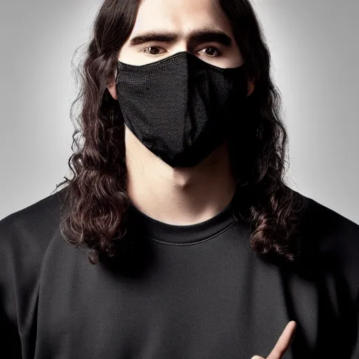 Image similar to professional digital art of a young adult man with slightly long hair wearing a black face mask and a form-fitting dark sweatshirt with dark sweatpants, high quality, HD, 8K, highly detailed, award-winning, fantasy, aloof