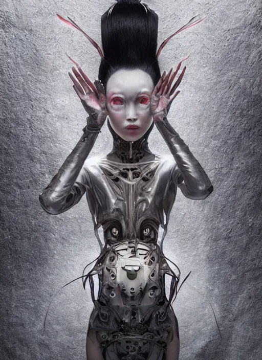 Image similar to portrait of a futuristic geisha cyborg, in the style of ghost in the pans labyrinth, nightmare, kintsugi, modern fine art, fractal, intricate, elegant, highly detailed, digital photography, subsurface scattering, by jheronimus bosch and greg rutkowski,