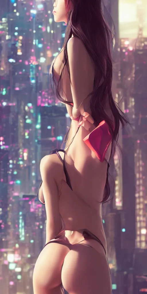 Prompt: back shot of beautiful korean girl gazing back, holding two fans. by wlop. artstation contest winner, cinematic paint. lower shot. high rise building in background. cyberpunk