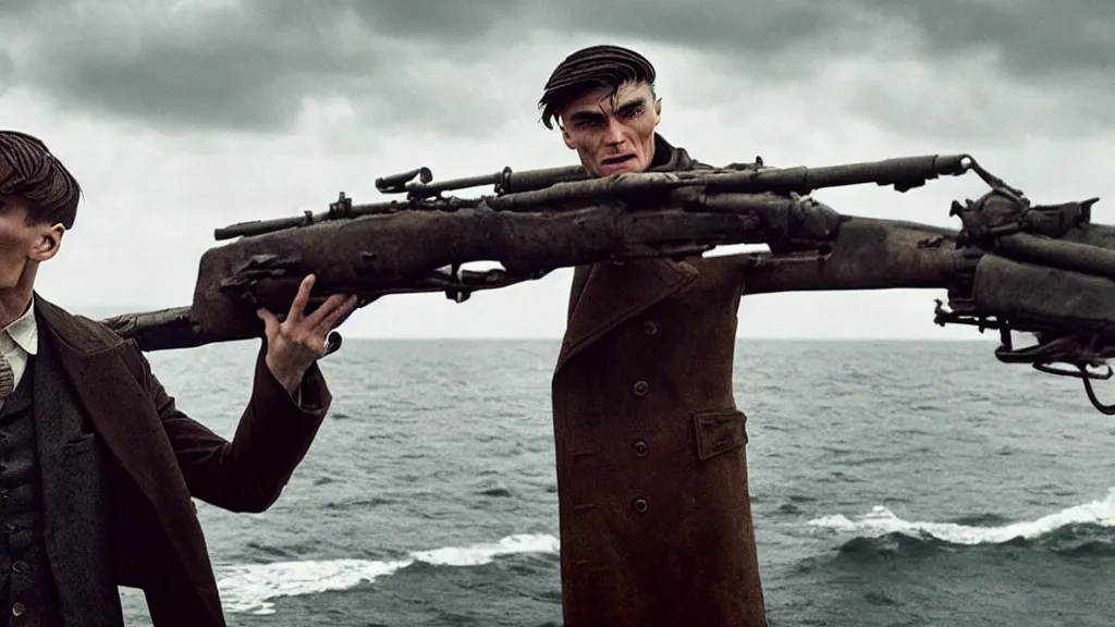 Image similar to photo of Thomas Shelby holding a Thompson, coming out of the ocean, extreme detailed face, spaceship far on the background, film still from the movie directed by Denis Villeneuve with art direction by Zdzisław Beksiński, wide lens