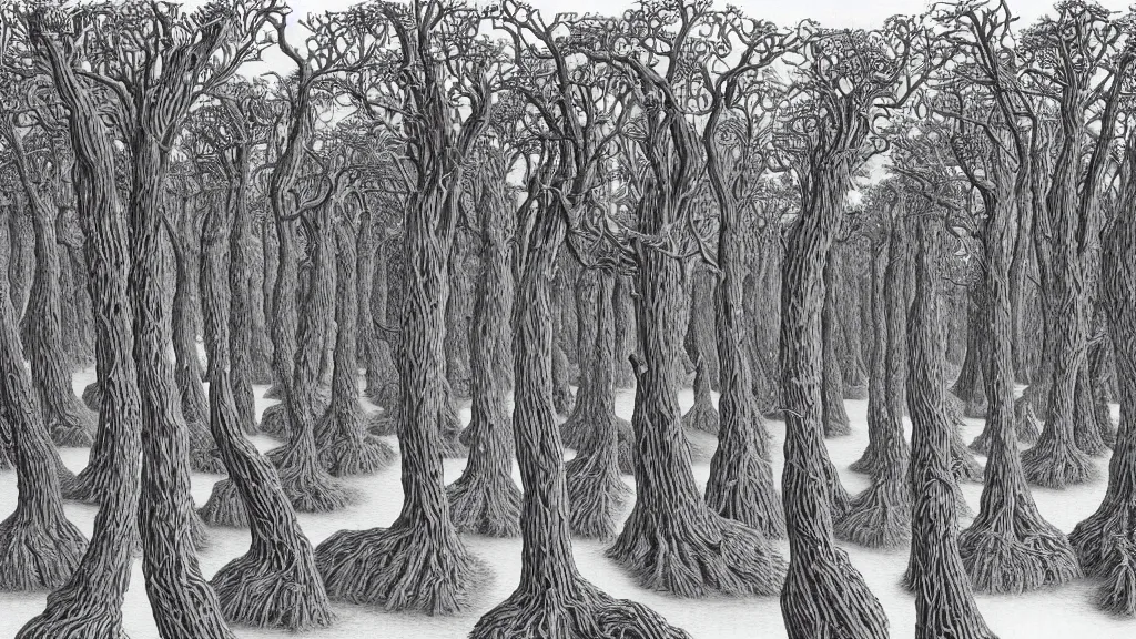 Image similar to a forest of trees that look like gnarled fingers, by chris van allsburg and m. c. escher, fine inking lines, surreal fantasy