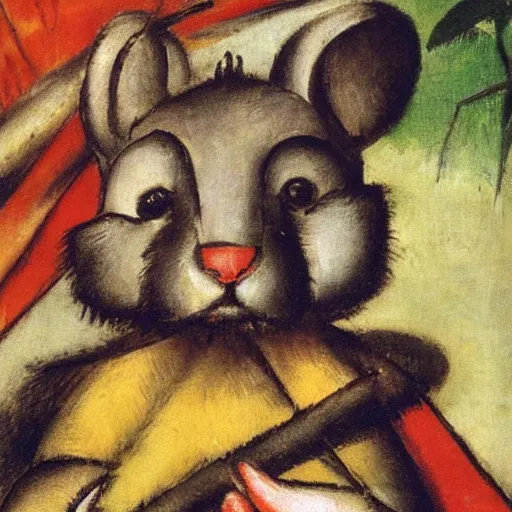 Prompt: mouse holding a drum, sitting in the forrest, medieval portrait, by franz marc, close up