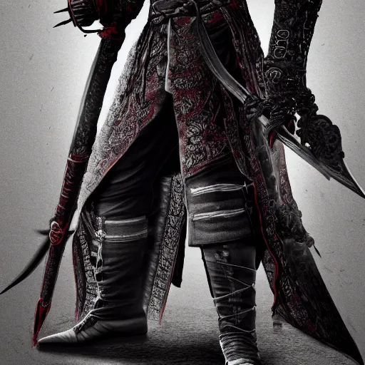 Image similar to Full body profile of Male Victorian Gothic Ninja, hd, intricate, bloodborne, 8k, digital art