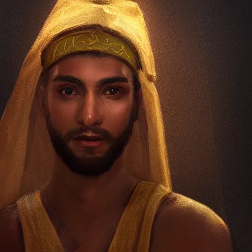 Image similar to portrait, 26 year old male in ancient Canaanite clothing meeting 18 year old female in ancient Canaanite clothing, dramatic lighting, cinematic, establishing shot, high detail, photo realistic, cinematic lighting, post processed, concept art, artstation, matte painting