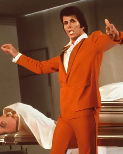 Prompt: donald altrump as orange suited tony manero in saturday night fever dancing at a funeral home with coffins, cinematic, 1 9 7 0 s style