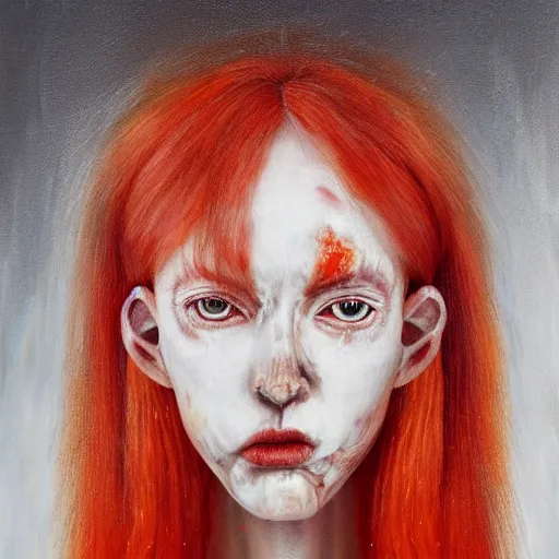 Image similar to high quality detailed portrait of an alien woman with red and white marbled skin, long thick orange hair strands and areas of carapace. Oil painting, beautiful, haunting.