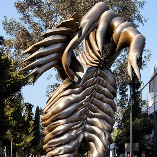 Image similar to greek by emil alzamora tender. a beautiful installation art of a large, dragon - like creature with sharp teeth, talons, & a long tail. the creature is looming over a small group of people who appear to be in distress.