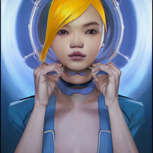 Image similar to symmetry!! portrait of a filipino cute girl blue - yellow hair, nasal strip, cyborg body, intricate, elegant, highly detailed, my rendition, digital painting, artstation, concept art, smooth, sharp focus, illustration, art by artgerm and greg rutkowski and alphonse mucha and uang guangjian and gil elvgren and sachin teng