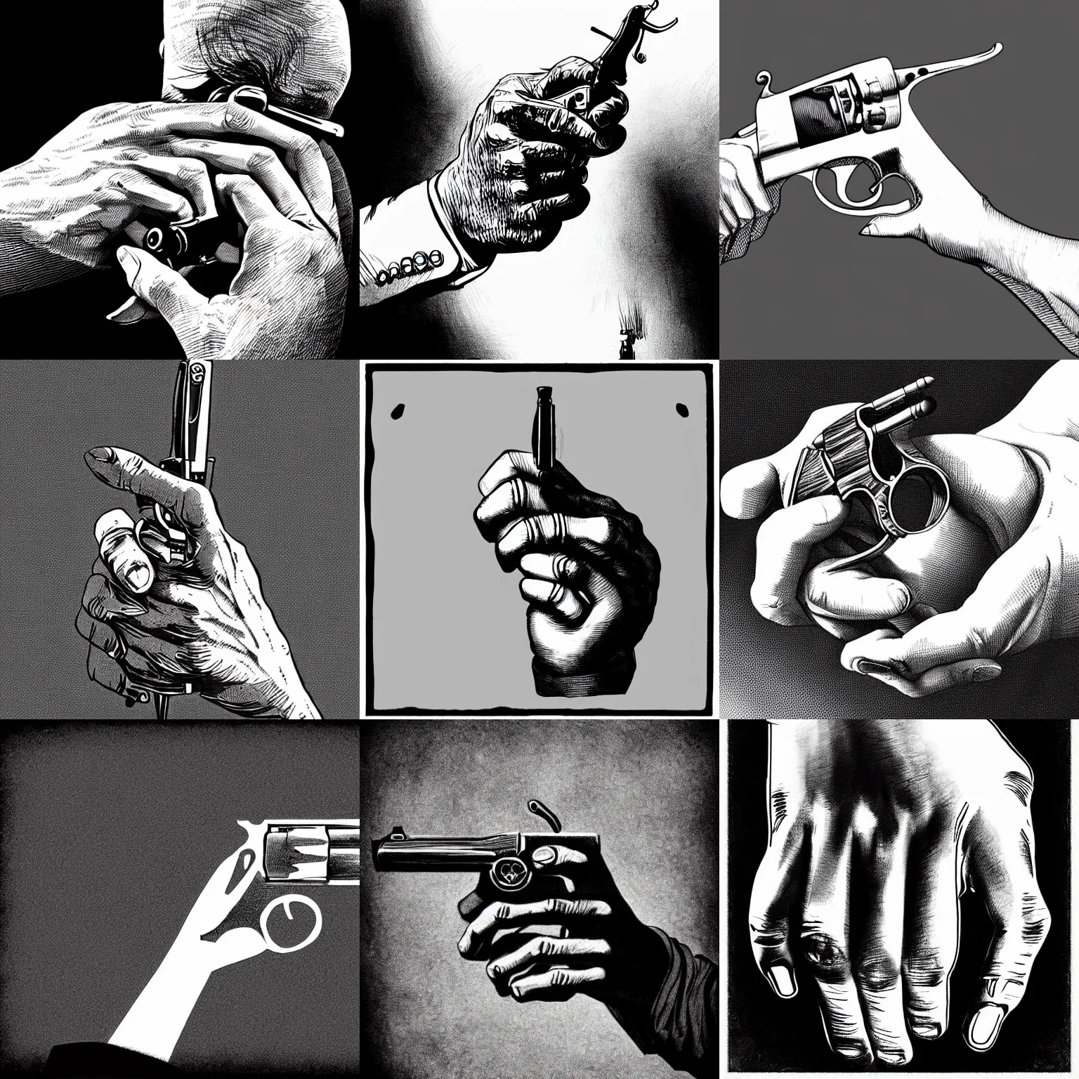 Image similar to pen and ink portrait of a hand gripping a revolver with its finger on the trigger, impressive scene. grainy and rough. black and white colour scheme. beautiful artistic detailed digital art