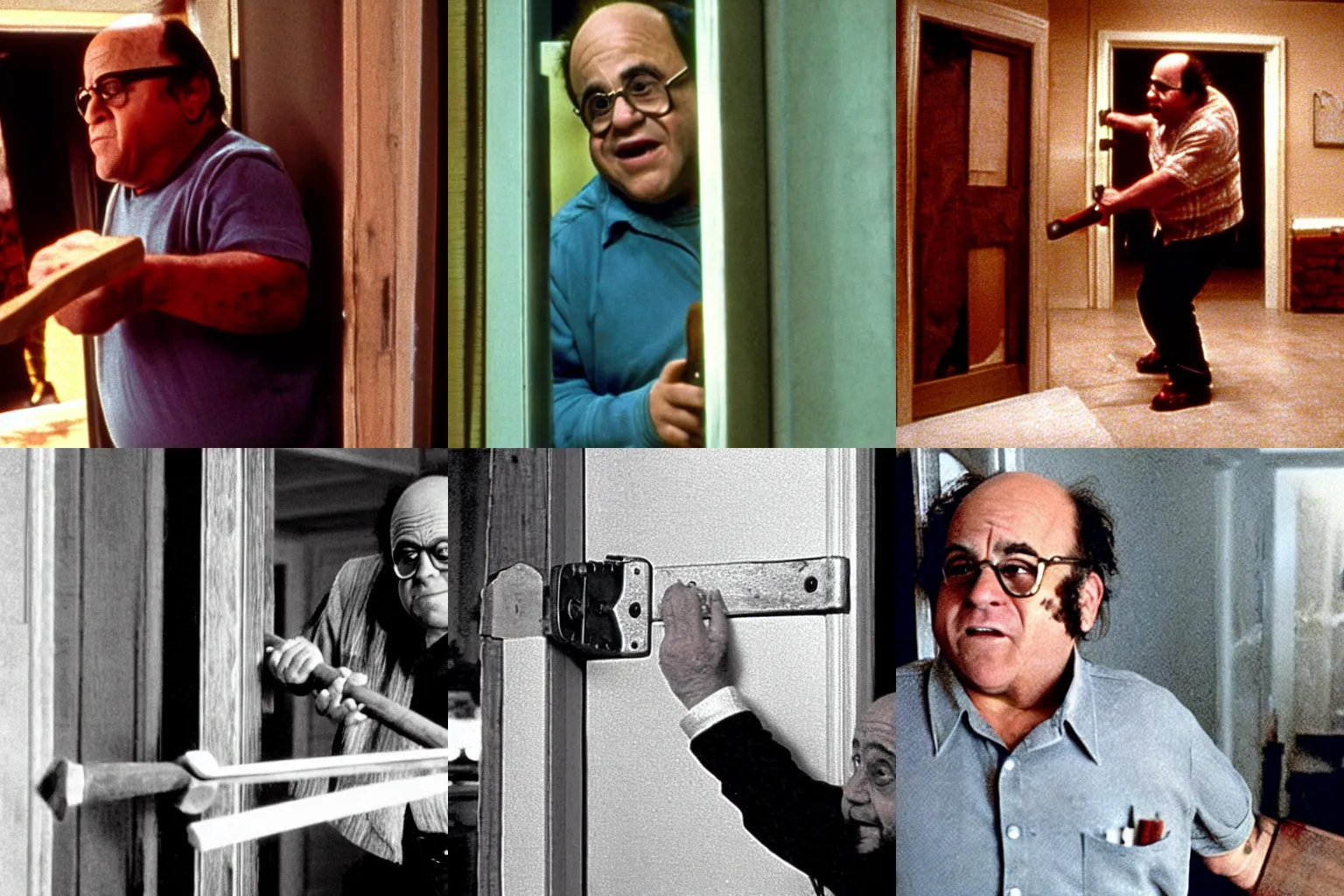 Prompt: Danny Devito as Johnny, breaking down a door with an axes, film still from the movie Shining