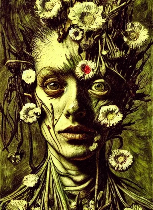 Image similar to beautiful and detailed rotten woman made of plants and many different types of flowers, muscles, intricate, organs, ornate, surreal, john constable, guy denning, dan hillier, manera, van gogh, caravaggio