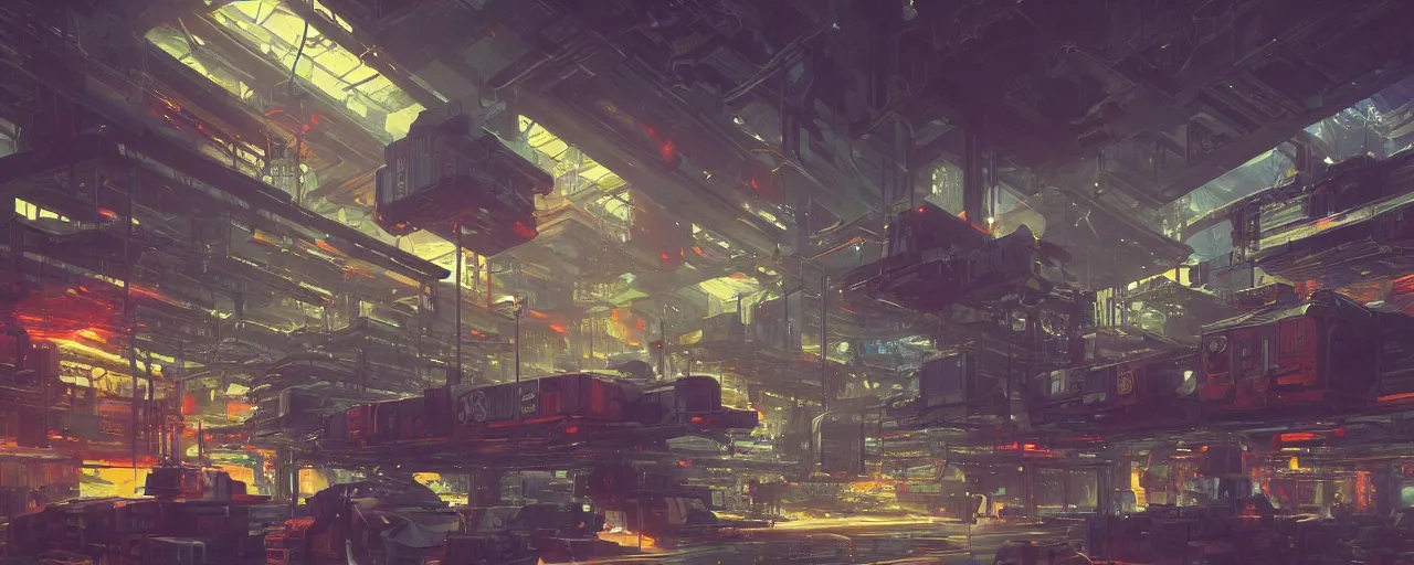 Image similar to ” futuristic scifi warehouse filled with containers, [ art by paul lehr, cinematic, detailed, epic, widescreen, opening, establishing, mattepainting, photorealistic, realistic textures, octane render ] ”