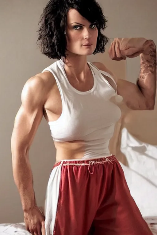 Image similar to realistic photograph. warrior woman, 2 7, in her bedclothes. tight white tanktop shows strong feminine figure. loose comfortable red pajama pants. jaimie alexander. delicate jawline. short hair, straight, ravenblack. faircomplected but tan. tall gracile, but thick ripped jacked vascular buff muscular arms and large ample bust.