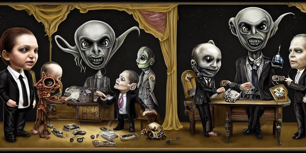 Image similar to aliens in black handing over artifacts and technology to a politician, inspired by mark ryden, concept art, digital art