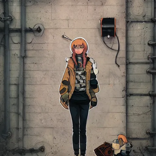 Image similar to highly detailed portrait of a sewer punk lady, tartan hoody, white ringlet hair by atey ghailan, by greg rutkowski, by greg tocchini, by james gilleard, by joe fenton, by kaethe butcher, gradient peach, brown, blonde cream and white color scheme, grunge aesthetic!!! ( ( graffiti tag wall background ) )