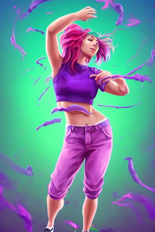 Prompt: a award winning half body porttrait of a beautiful woman in a croptop and cargo pants with ombre purple pink teal hairstyle with head in motion and hair flying, paint splashes, outrun, vaporware, shaded flat illustration, digital art, trending on artstation, highly detailed, fine detail, intricate