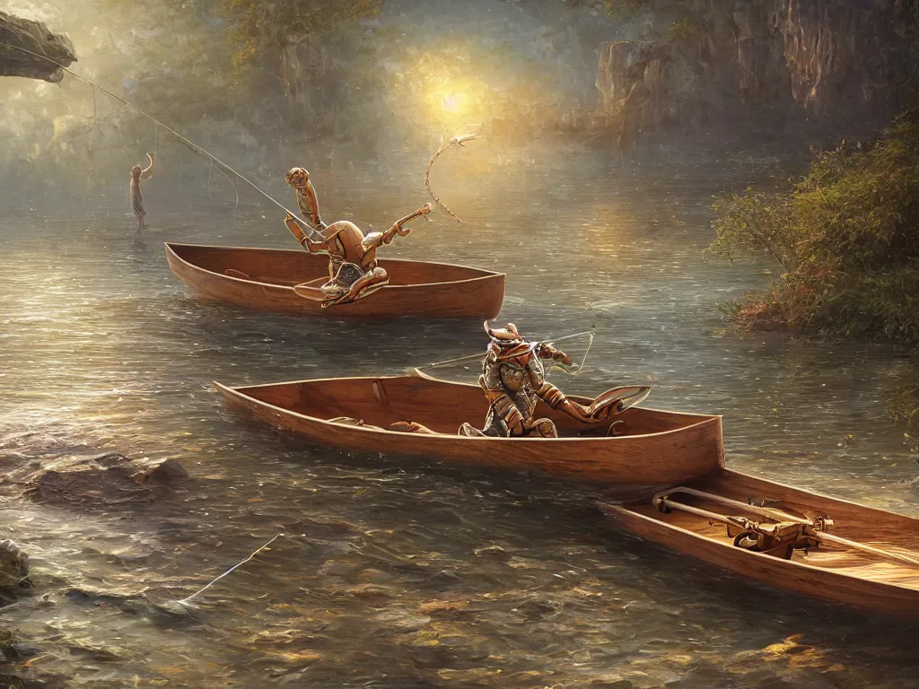 Prompt: simple retro robot, fishing in a wooden canoe, whimsical, highly detailed, michael cheval, peter mohrbacher, boris vallejo, jessica rossier, oil painting, highly detailed, cinematic lighting, tilt shift, golden hour