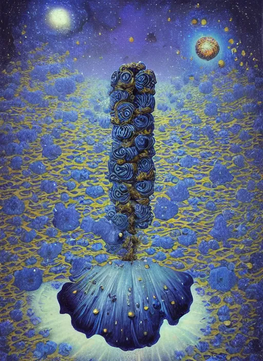 Image similar to detailed, intricate blue black and purple papaverum flower on the field, nebula, galaxy in the sky, winning award masterpiece, fantastically beautiful, illustration, aestheticly inspired, jacek yerka, upscale with anguissola sofonisba work, artstation, 8 k