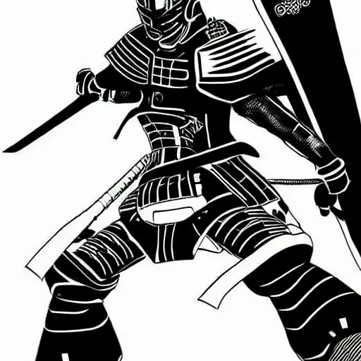 Prompt: a post - modern samurai cyborg in manga style, manga, black and white, japanese, action portrait art