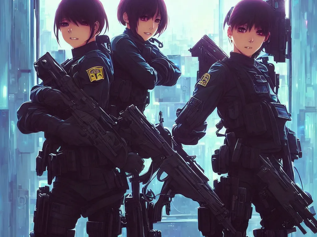 Image similar to anime key visual of a young female swat officer fighting male blood hound, neon, cyberpunk, futuristic, stunning, highly detailed, digital painting, smooth, soft focus, illustration, movie poster, japanese typography, digital art from artstation by artgerm and greg rutkowski and alphonse mucha