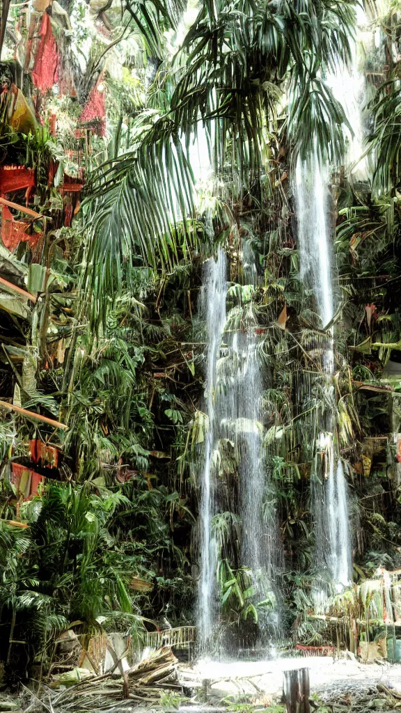 Image similar to 35mm photo of a waterfall in a decaying abandoned mall, with interior potted palm trees, indoor, dappled sunlight, faded colors