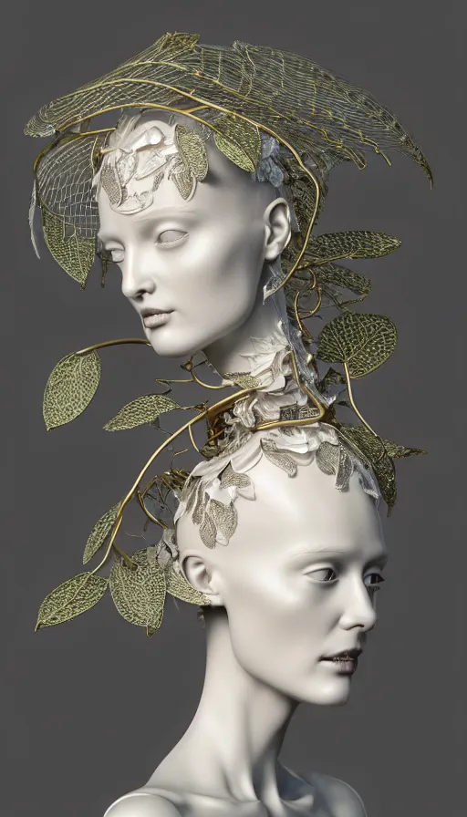 Image similar to complex 3d render ultra detailed of a beautiful porcelain profile woman face, mechanical vegetal cyborg, 150 mm, beautiful studio soft light, spot light, rim light, silver gold red details, luxurious, magnolia big filigran leaves and stems, roots, Alexander Mcqueen haute couture, fine foliage lace, mesh wire, filigran metallic intricate details, hyperrealistic, mandelbrot fractal, anatomical, silver metal armor, facial muscles, cable wires, microchip, elegant, white background, beautiful white teeth, octane render, H.R. Giger style, 8k