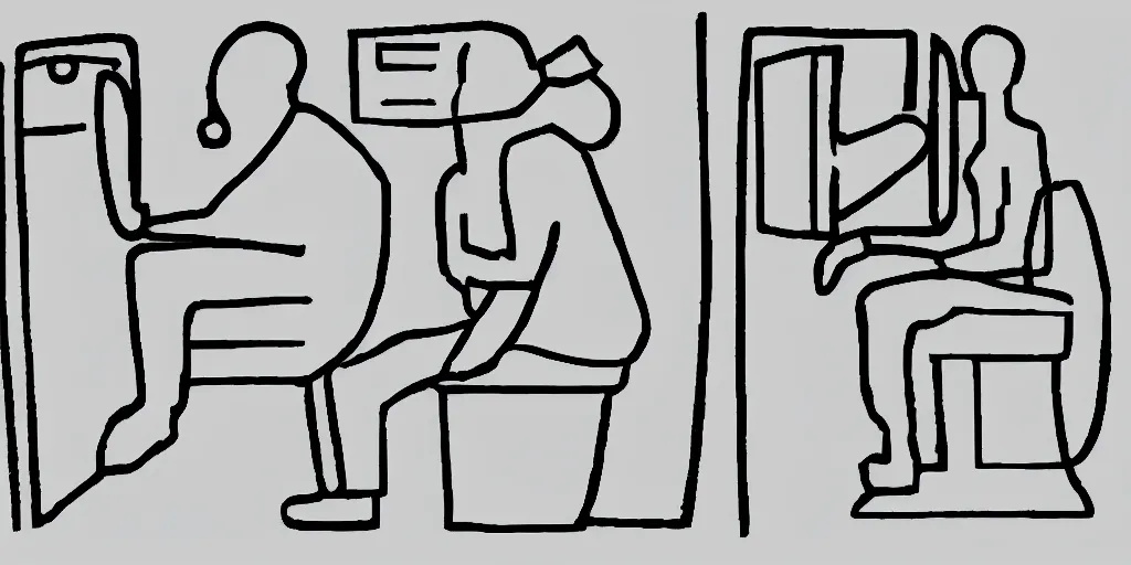 Image similar to how to use a toilet. instruction manual images. step by step. person in the toilet. drawing if a shit. hiw to use a wc. style of airplain security info's drawings. guide.