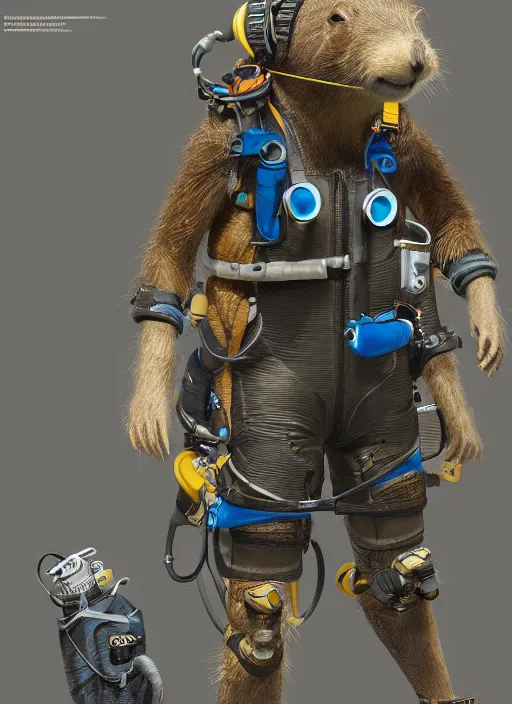 Prompt: detailed full body concept art illustration oil painting of an anthropomorphic capybara scuba-diver in full intricate clothing by Diane Whitehead, biomutant, ultra detailed, digital art, octane render