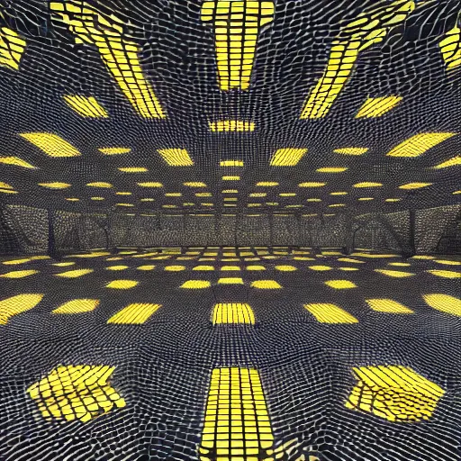 Image similar to procedural chaotic pattern of 3 d hexadonal scifi architecture, reflective black and gold, inspired by deus ex human revolution, render in octane
