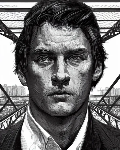 Image similar to portrait of a man standing on a bridge, detailed illustration, digital art, trending on artstation, martin ansin,