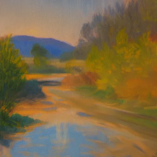 Prompt: a detailed impressionist painting of a winding river during sunrise, matte painting, oils on canvas