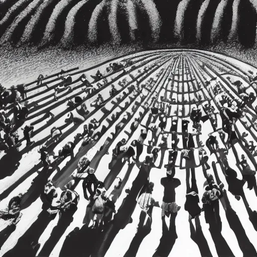 Image similar to wide shot of a small crowd pointing at the sun. in the style of salvador dali